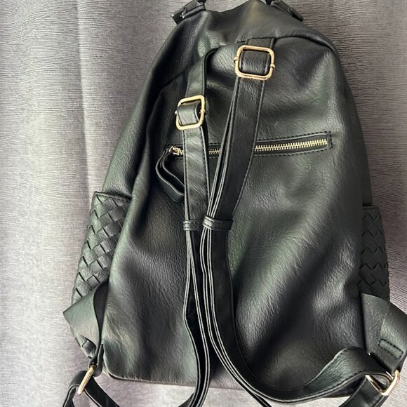 Madison West Black Vegan Leather Backpack W/ Basket Weave Braid - Brass Zippers main image 4